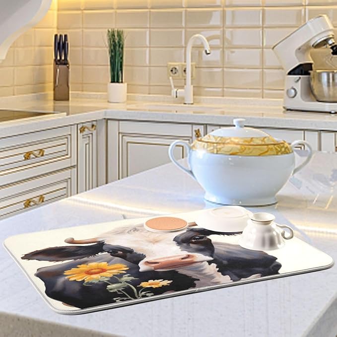 Dish Drying Mat Kitchen Counter Absorbent Flower Cow Coffee Sink Mat Dish Drainer Pad 18 Inch x 24 Inch