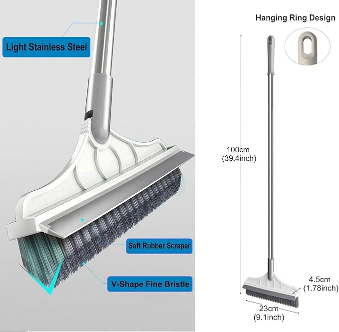 2 in 1 Cleaning Scrub Brush Grout Brush Scrape Floor Scrub Brush with Long Handle V-Shape Stiff Bristle Brush Scrubber with Squeegee 120°Rotating Shower Scruber for Cleaning Bathroom Glass Wall