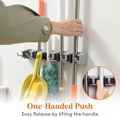 Lifewit Mop and Broom Holder Wall Mount, Anti-Slip Broom Hanger for Cleaning Supplies Organizer, Easy Install Tool Hanging Rack for Closet, Kitchen, Garage, 5 Slot 6 Hooks, Hold 30lbs, Gray, 2 Pack