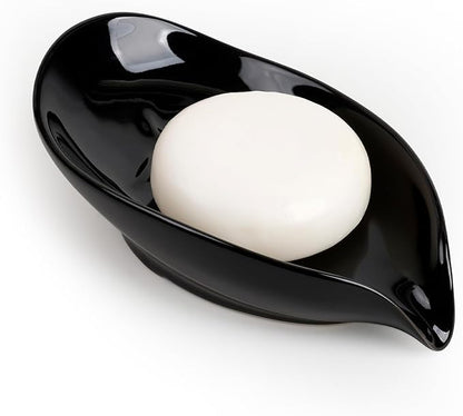 Soap Dish, Self Draining Soap Holder, Leaf Shape Ceramic Bar Soap Holder Drain Soap Dishes for Bathroom Sink Kitchen, Easy to Clean, Keeps Soap Dry, Black, ANTIS'S HOME