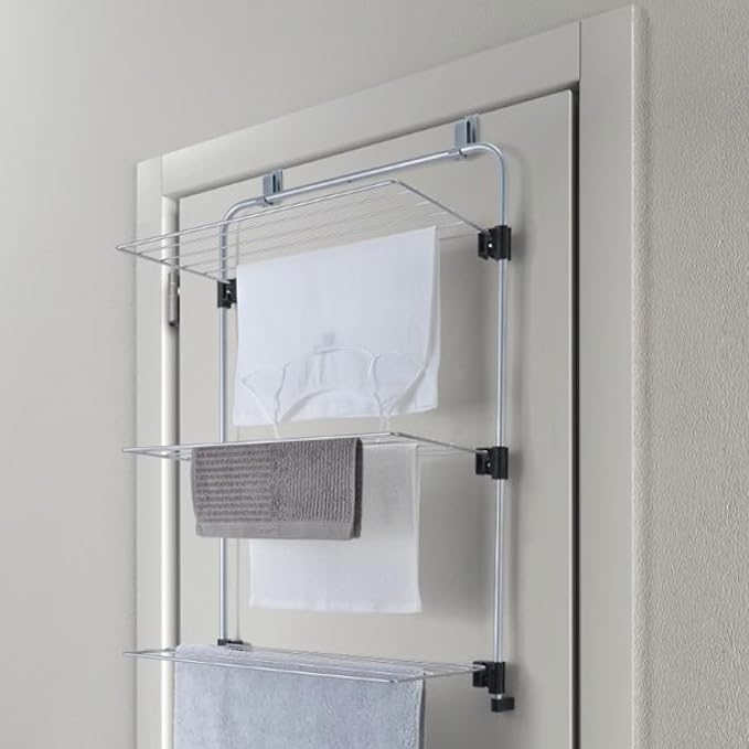Metaltex Gale Over-The-Door Shower Rack - 3-Tier Drying & Storage Rack Perfect for Laundry & Drying Bathroom Essentials & Towels - Epotherm Coating & Folding Wing - Silver 93 x 57 x 31 Centimetres