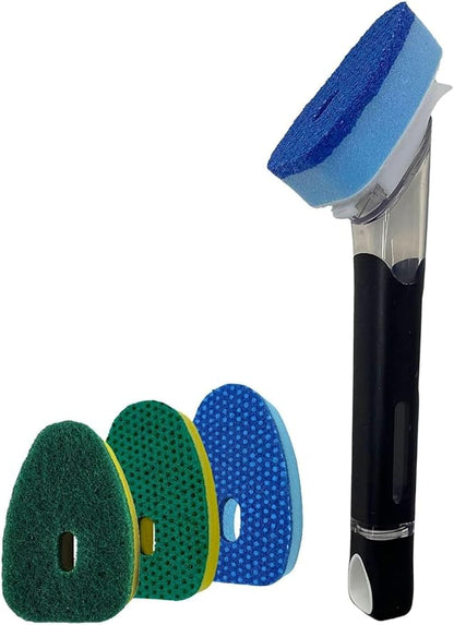 Smilyeez Soap Dispensing Dishwand (Black) with Ergonomic Handle and 4 No-Plastic Sponges - Effortless Cleaning and Long-Lasting Durability - Kitchen and Dishwashing Essential
