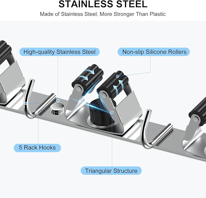 nacena 2 Pack Broom Holder Wall Mount Mop Hanger, Stainless Steel 4 Racks 5 Hooks Self Adhesive Heavy Duty Tool Organizer for Garage Kitchen Garden Laundry Room Home (Silver