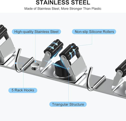 nacena 2 Pack Broom Holder Wall Mount Mop Hanger, Stainless Steel 4 Racks 5 Hooks Self Adhesive Heavy Duty Tool Organizer for Garage Kitchen Garden Laundry Room Home (Silver