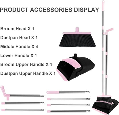 Pink Broom with Dustpan Combo Set, 51" Long Handle Household Cleaning Tool, Ideal Broom and Dustpan Set for Pet Hair and Home Use
