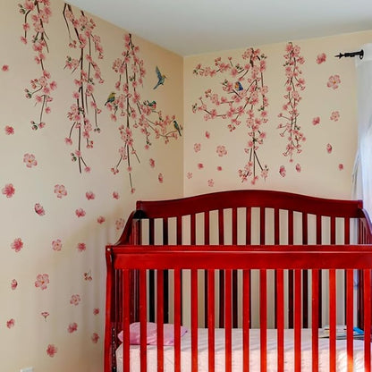 9 Sheets Cherry Blossom Decor Wall Decals Peel and Stick Pink Room Decor for Girls Bedroom Large Removable Wall Stickers & Murals Vinyl Car Decals for Women Living Room Office Vine Bird Art Clings