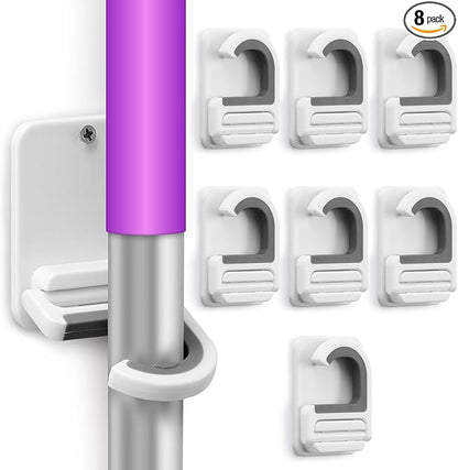 Broom and Mop Holder Wall Mount, Heavy Duty Screw Drilling Gripper Rack Supports up to 10 lb for Kitchen, Laundry Room, Garage, and Garden Storag (8, White)