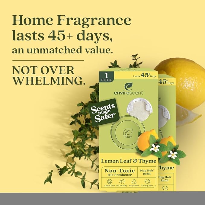 Enviroscent Non-Toxic Air Freshener Paper Refills - Compatible with Enviroscent Plug Hub® Warmer Kit - Home Fragrance Lasts Up to 90 Days - Lemon Leaf & Thyme Scent (Pack of 2)