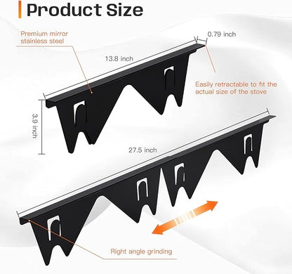 Stainless Steel Stove Gap Covers,Stove Gap Filler, Range Trim Kit, Stove Gap Guards, Heat Resistant and Easy to Clean, Easy retractable Length 13.8" to 27.5", Width 0.79",Black(2PCS)