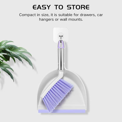 NACENA Mini Broom and Dustpan Set 2 Packs, Small Dust Pan and Brush Set with Handle Dustpan Teeth for Cleaning Hair Suitable for Office Desks Drawers Sofas Outdoor Camping, Light & Purple