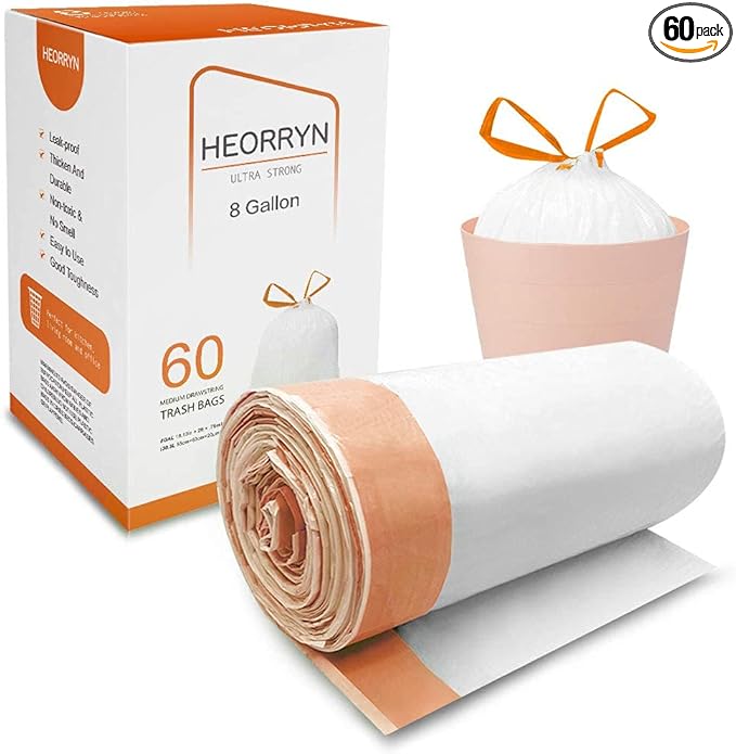 60 Count 8 Gallon Drawstring Trash Bags-0.79 Mil Ultra Strong Medium Trash Can Liners for Kitchen/Office,Unscented White Garbage Bags