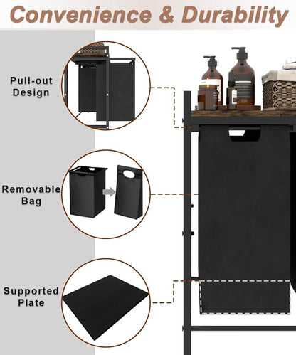 14.5 Gal Large Laundry Hamper with Wheels, Pull-Out & Removable Sorter Bags, Freestanding Clothes Basket Organizer for Clothing or Toys in Bathroom and Living Room, Rustic Brown and Black