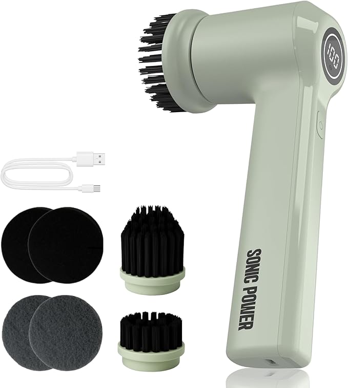 Electric Spin Scrubber – Handheld & Ergonomic, IPX7 Waterproof, 4 Multi-Purpose Brush Heads, Long-Lasting Rechargeable Battery – Cleans Dishes, Bathroom, Tile, Grout & Kitchen (Sage)