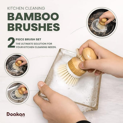 Set of 2 Eco-Friendly Non-Scratch Bamboo Kitchen Cleaning Brushes | Compact Wooden PP Dish Scrubbers with Ergonomic Handles and Hanging Ropes (3.9 x 1.3 inches, 0.21 lbs Each)