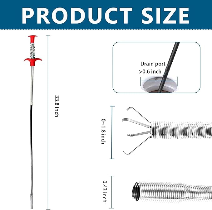 Drain Snake 33Inch, Unclog Drain Tool for Bathroom Sink, Shower, Bathtub, Car & Tight Spaces,Flexible Sink Snake Drain Cleaner Tool Set, Sink Declogger, Hair Puller from Drain (33inch)