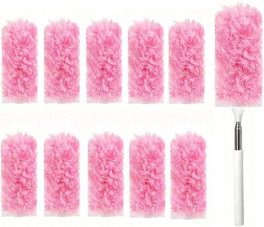Heavy Duty Duster Refills, Disposable Dusters Kit for Cleaning Dusting Furniture Blind Ceiling Fan, Multi Surface 360 Feather Duster(10)+3FT Extended Handle（1） (Pink)