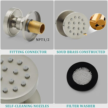 Shower Jets, HOMEDEC Round Brushed Nickel Brass Shower Body Spray, Shower Massage Wall Jet Can Swivel, Pack of 4
