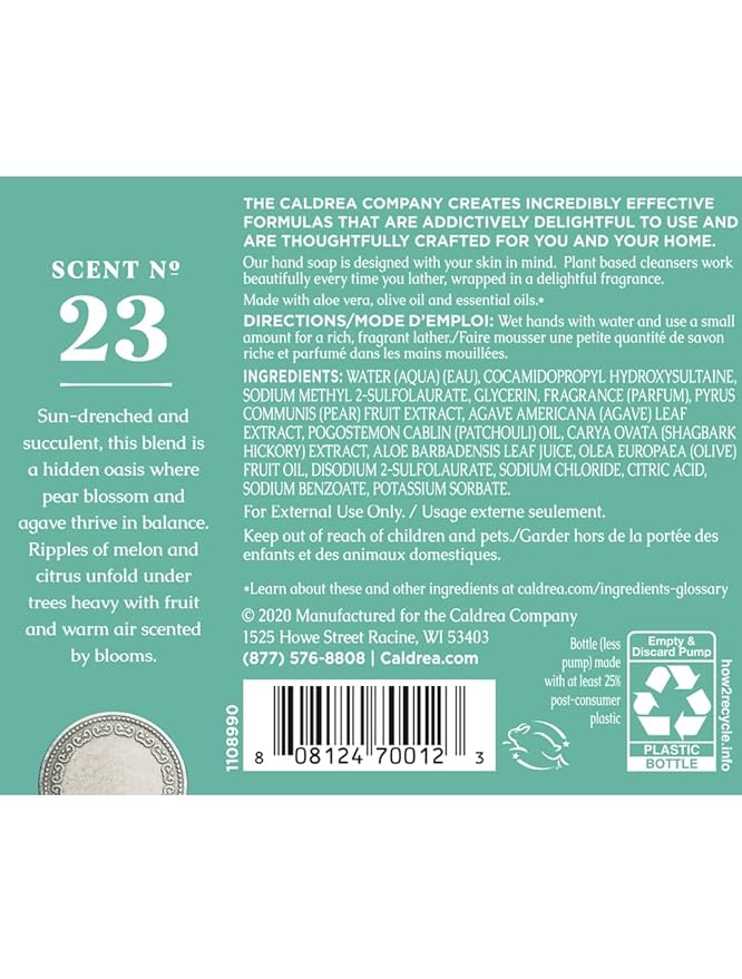 Caldrea Hand Wash Soap, Aloe Vera Gel, Olive Oil and Essential Oils to Cleanse and Condition, Pear Blossom Agave Scent, 10.8 oz (Packaging May Vary)