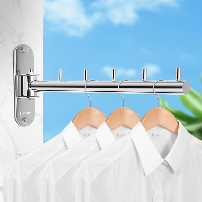 Wall Mounted Clothes Hanger Rack Swing Arm, Folding Clothes Hanger Space Saving Drying Rack Stainless Steel Laundry Room Valet Hook Holder Foldable Hanging Hook Rod for Laundry Closet Bedroom