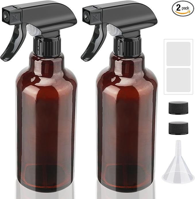 Glass Spray Bottles 16.9oz Empty Spray Bottle Mist/Stream Spraying Small Refillable Containers for Hair Care, Cleaning Solutions, Plants, Essential Oils 2 Pack (Brown, 16.9oz)