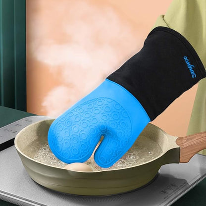 sungwoo Extra Long Silicone Oven Mitts, Heat Resistant Oven Gloves with Quilted Liner Non-Slip Textured Grip Perfect for BBQ, Baking, Cooking and Grilling - 1 Pair 14.6 Inch Blue & Black