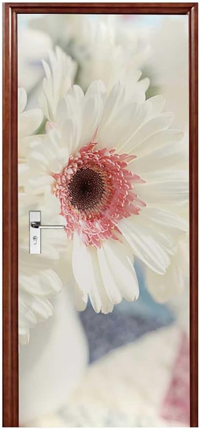 A.Monamour 3D Door Stickers for Interior Doors White Gerbera Daisy Flower with Pink Center Vinyl Waterproof Self Adhesive Door Mural Decals for Bedroom Office Bathroom 85x200cm