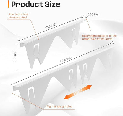 Stainless Steel Stove Gap Covers,Stove Gap Filler, Range Trim Kit, Stove Gap Guards, Heat Resistant and Easy to Clean, Easy retractable Length 13.8" to 27.5", Width 0.79",White(2PCS)
