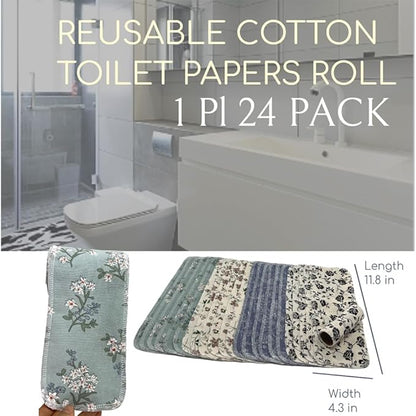 Reusable Toilet Paper Towels 24 Count Roll,Washable Absorbent No Tear Bidet Towels Cotton Cloth,Zero Waste Cleaning Supplies for Bathroom(4 Colors Flower)
