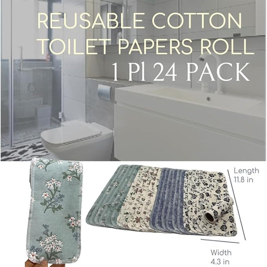 Reusable Toilet Paper Towels 24 Count Roll,Washable Absorbent No Tear Bidet Towels Cotton Cloth,Zero Waste Cleaning Supplies for Bathroom(4 Colors Flower)
