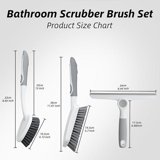 3 Pack Heavy-Duty Scrub Brush Set, Grout Brush, Shower Squeegee, Shower Cleaner Brush with Non-Slip Grip, Stiff Bristles Scrub Brushes for Cleaning Bathroom, Shower, Tile, Grout, Tub, Floor, Sink