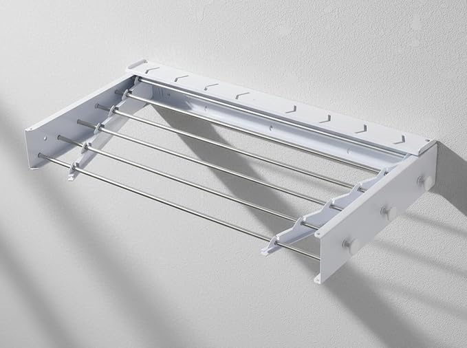 Wall Mounted Clothes Drying Rack, 32" Space Saving Foldable Laundry Drying Rack with Wall Template for Bathroom, Apartment, College Dorm (White Shelf with 5 Rods and 6 Hooks)