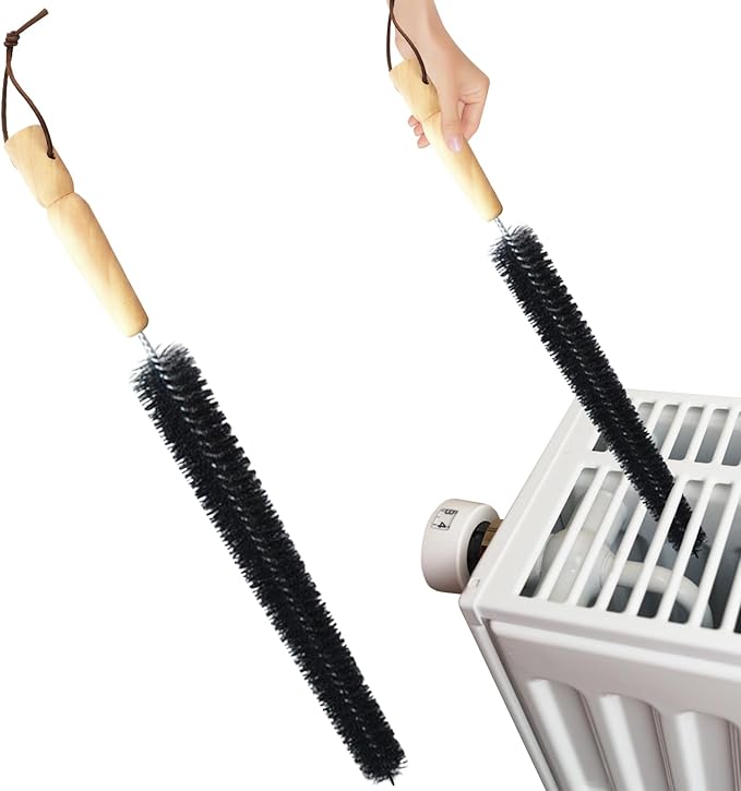 2pcs Radiator Brush, 40cm Long Reach Radiators Duster with Wooden Handle, Flexible Refrigerator Coil Brush Radiators Cleaner with Hanging Hook for Dryer Lint Vent Cleaning