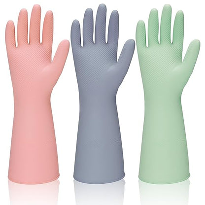 Rubber Kitchen Dishwashing Gloves - 3 Pairs Reusable Household Cleaning Gloves, Flexible and Durable & Non-slip Cleaning Gloves, Great for Kitchen, Bathroom, Laundry (Large, Pink+Green+Grey)