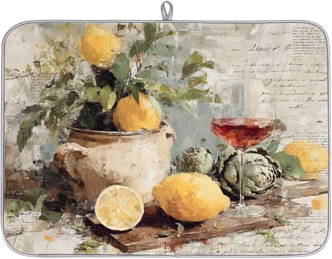 Dish Drying Mats with Hanging Loop for Kitchen Counter - Super Absorbent & Microfiber Sink Dry Mat with Vintage Lemon Paisley Floral, Non-Slip Backing, Dishes, Sink, Countertop Protection 18"x24"