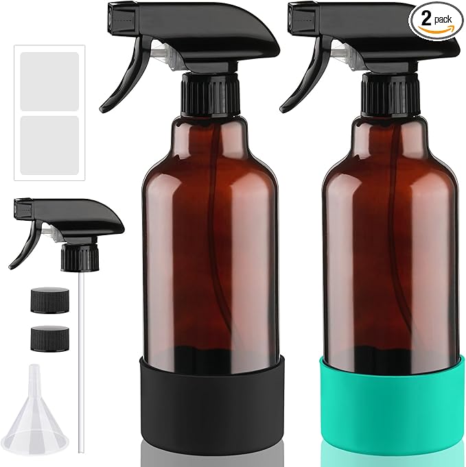 Glass Spray Bottles with Silicone Sleeve, 2 Pack 16 oz Refillable Containers with Adjustable Spray Nozzles, Empty Bottle Spray for Cleaning Solutions, Hair, Plants (Black+Green)