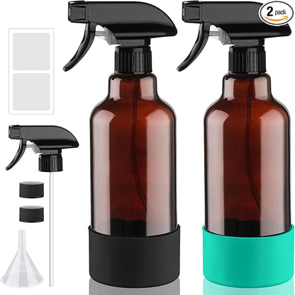Glass Spray Bottles with Silicone Sleeve, 2 Pack 16 oz Refillable Containers with Adjustable Spray Nozzles, Empty Bottle Spray for Cleaning Solutions, Hair, Plants (Black+Green)