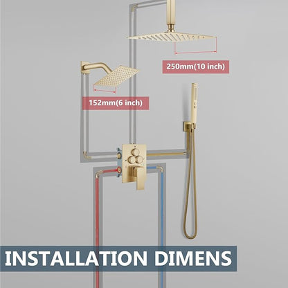 Aolemi Shower Faucet Set Ceiling Mount Shower System Rough-in Valve and Shower Trim Kit 2 in 1 Handheld Spray Push Button Diverter 10 and 6 Inch Dual Shower Head Brushed Gold