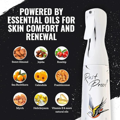 Rust Proof After-Shower Skin Conditioner 12 fl oz – Spray Lotion That Locks in Moisture with 14 Essential Oils – Lightweight Tattoo Aftercare Spray to Hydrate, Nourish & Help Maintain Vibrant Tattoos