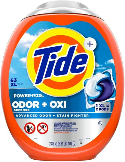 Tide Odor Defense + Oxi Laundry Detergent Pacs, Original Scent, 63 Count, Advanced Odor + Stain Fighter
