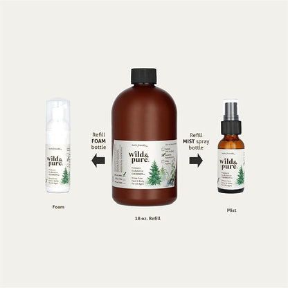 Wild & Pure Sensitive Skin Travel Size Body Wash Set (1.7Oz Foam, 0.9Oz Spray + wipes) | Cleanser, Deodorizer, Moisturizer | pH-Balanced, Microbiome-Friendly | EcoBalance Refillable Skincare