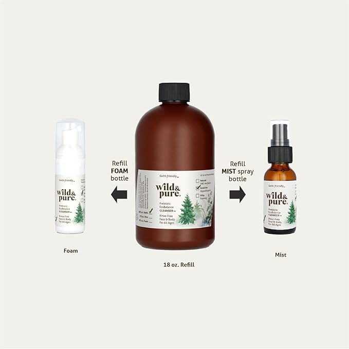 Wild & Pure Sensitive Skin Body Wash Refill (18oz) for Foamers/Spray | Cleanser, Deodorizer, Moisturizer for Face, Hands, Body | pH-Balanced, Microbiome-Friendly | EcoBalance Refillable Skincare