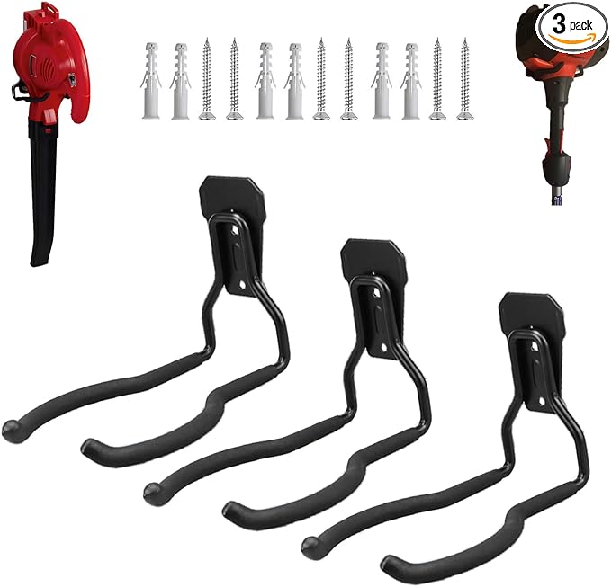 Weedeater Hanger, String Trimmer Hanger and Wall Mounted Power Tool Holder, Garage Utility Hooks for Storage- Black, 3-Pcs