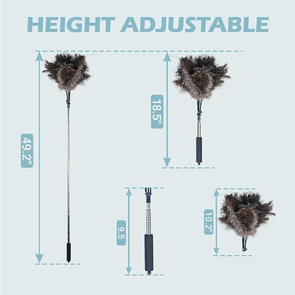 Feather Duster Extendable 22–47 Inch, Natural Ostrich Feather Duster with Long Handle for High Ceilings, Ceiling Fans, Walls，Furniture(Brown)