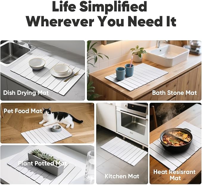 Stone Dish Drying Mat for Kitchen Counter - 24" x 16" Ultra Absorbent Diatomaceous Earth Mat, Fast Drying & Foldable Countertop Protector, Non-Slip Eco-Friendly Stone Mat for Dishes