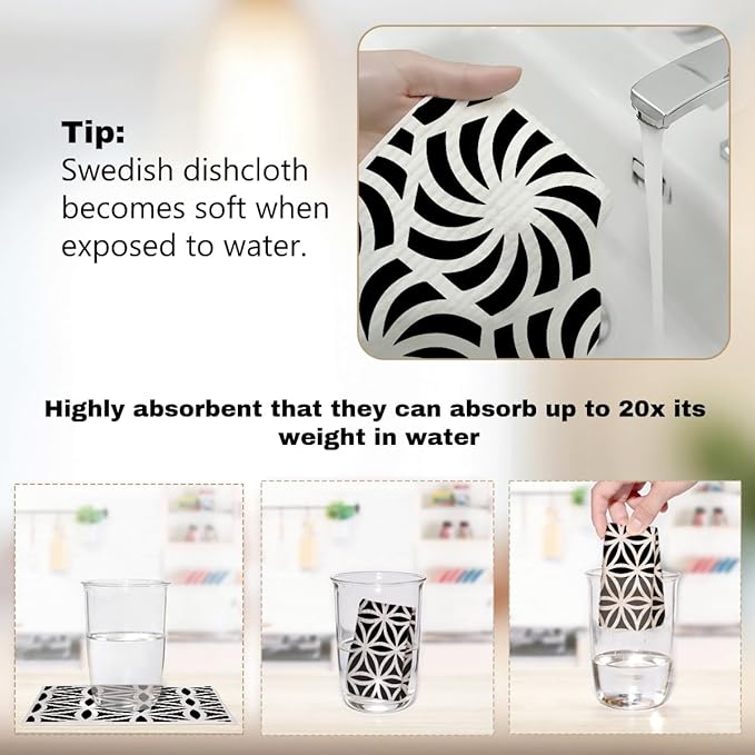 Swedish Dishcloths for Kitchen, 6 Pack Geometric Towels, Washable Absorbent Cellulose Sponge Cloths No Odor, Eco-Friendly Dish Cloths, Kitchen Gifts for Women, Home Kitchen Cleaning