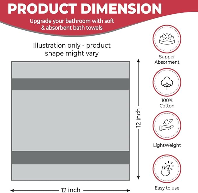 100% Cotton Washcloth Set – Soft, Absorbent Face Towels for Bathroom & Gym Use – Durable & Reusable Wash Cloths - Dark Grey, White & Burgundy, 12x12 Inches, Pack of 12
