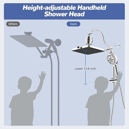 Hibbent 5-spray Filtered Rainfall Shower Head Combo, High Pressure 13'' Showerhead with 10 Spray Modes Handheld, All Metal 3 way Diverter Shower Arm, 71'' Hose and Holder, Chrome