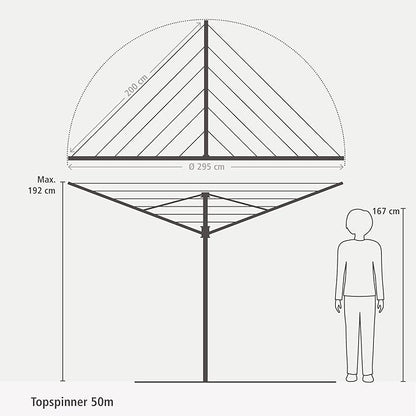 Brabantia Topspinner Outdoor 4 Arm Spinning Clothesline (164 ft/Ø 1.8") Rotating, Folding Clothes Drying Rack + Ground Spike (Anthracite)