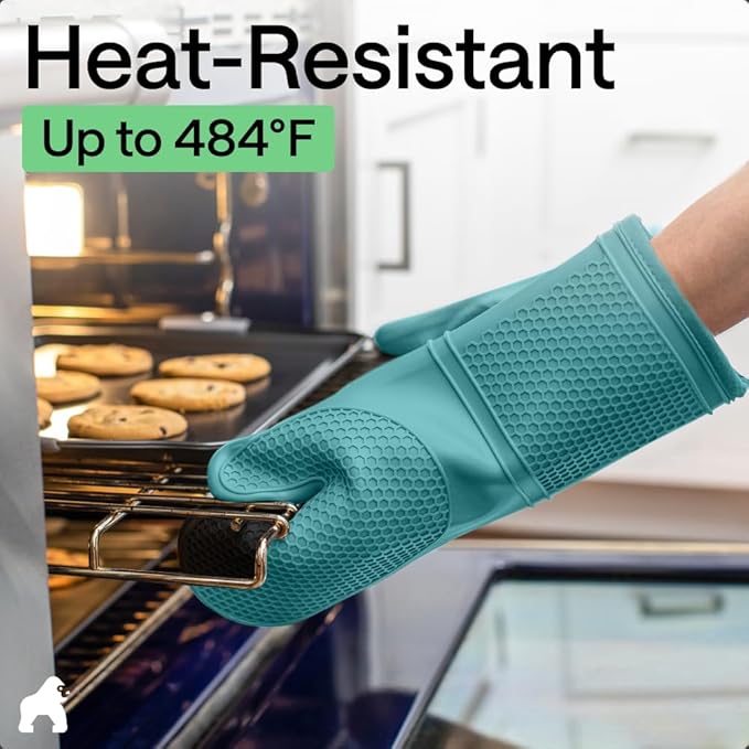 GORILLA GRIP BPA-Free Soft Silicone Oven Mitts, Heat Resistant and Waterproof Cooking Gloves, Thick Cotton Lining, Flexible Gripping for Baking Grilling, Kitchen Potholders Set, 12.5x8.3, Turquoise