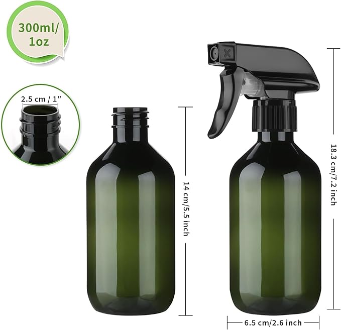 Arkeiliy 2-Pack Leakproof Spray Bottles (300ml/10oz) - Adjustable Nozzle for Fine Mist & Jet Stream | Premium Refillable Plastic Bottles for Hair Styling, Plant Misting, Cleaning Solutions (Green)